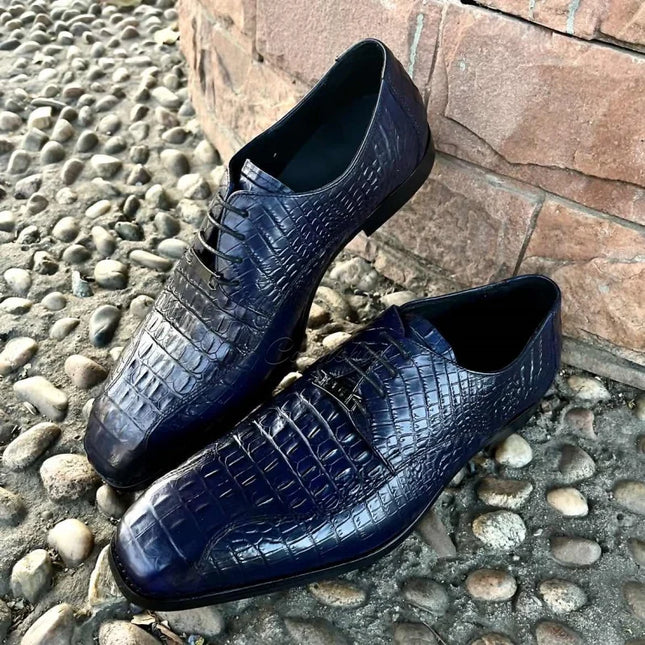 Handmade Men Stylish Blue Alligator Leather Lace Up Dress Shoes, Derby Shoes