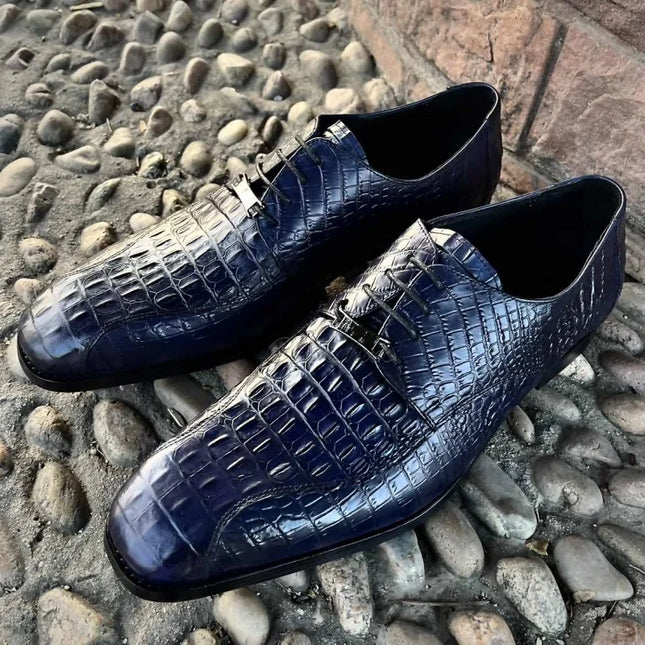 Handmade Men Stylish Blue Alligator Leather Lace Up Dress Shoes, Derby Shoes