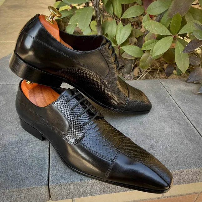 Handmade Men Black Alligator Leather Lace Up Shoes, Business Derby Shoes
