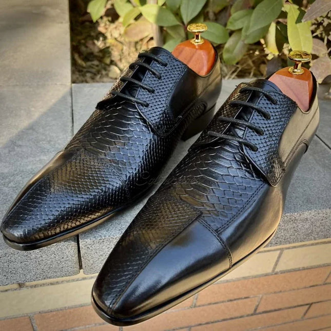 Handmade Men Black Alligator Leather Lace Up Shoes, Business Derby Shoes