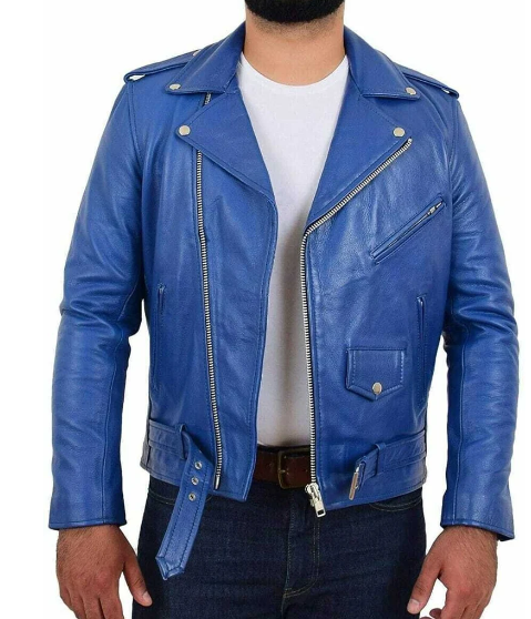 Handmade Men’s Blue Jacket Moto Biker Slim Fit Coat Jacket For Men