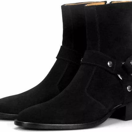 Handmade Men Black Suede Leather Vincent Harness Zip Boots with Cuban Heel
