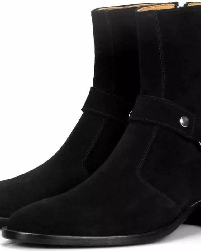 Handmade Men Black Suede Leather Vincent Harness Zip Boots with Cuban Heel