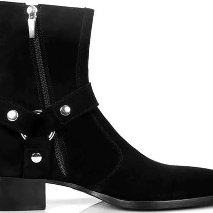 Handmade Men Black Suede Leather Vincent Harness Zip Boots with Cuban Heel