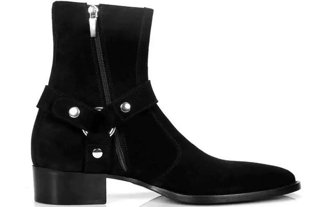 Handmade Men Black Suede Leather Vincent Harness Zip Boots with Cuban Heel