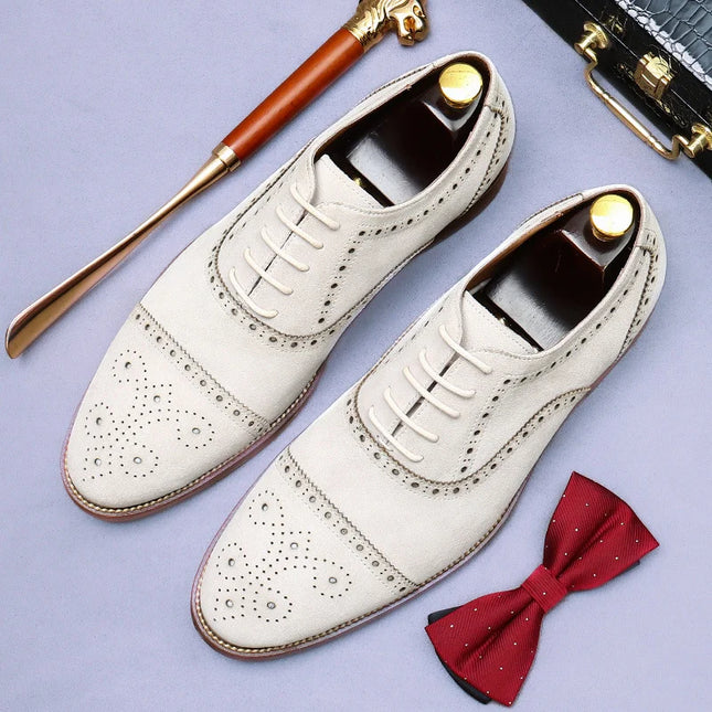 Handmade Men White Brogue Suede Lace Up Business Shoes, Office Shoes