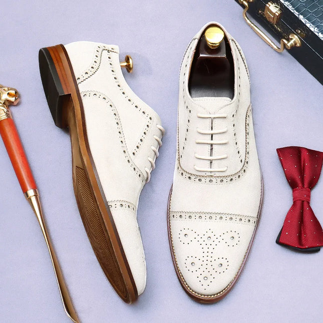 Handmade Men White Brogue Suede Lace Up Business Shoes, Office Shoes