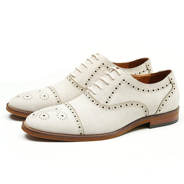 Handmade Men White Brogue Suede Lace Up Business Shoes, Office Shoes