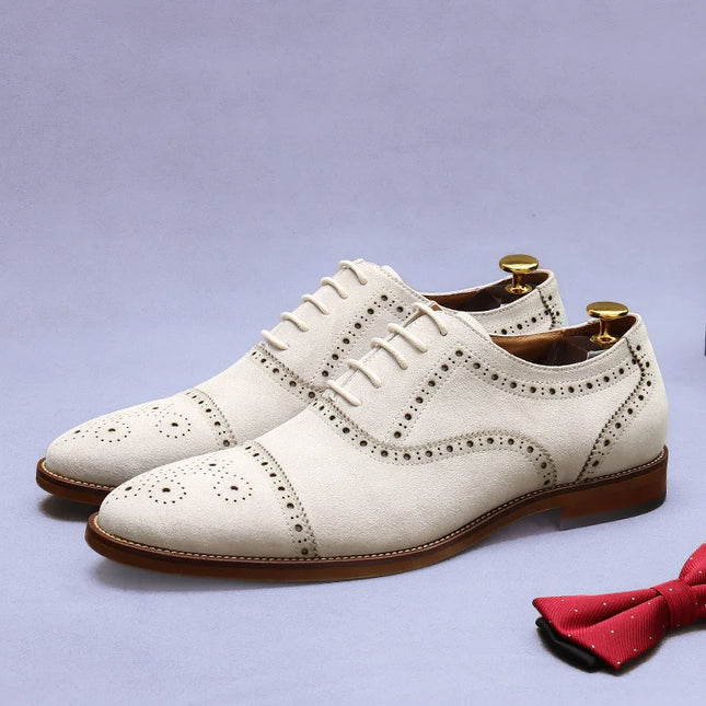 Handmade Men White Brogue Suede Lace Up Business Shoes, Office Shoes