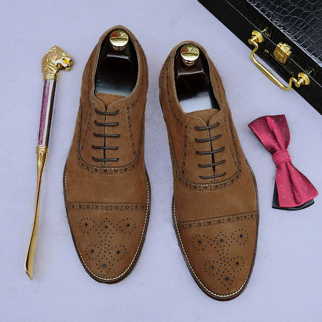 Handmade Men Brown Brogue Suede Lace Up Business Shoes, Office Shoes