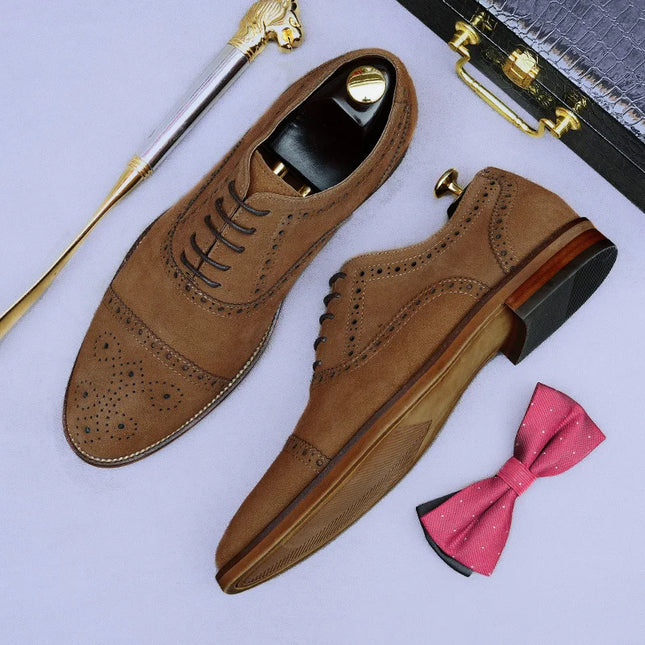 Handmade Men Brown Brogue Suede Lace Up Business Shoes, Office Shoes