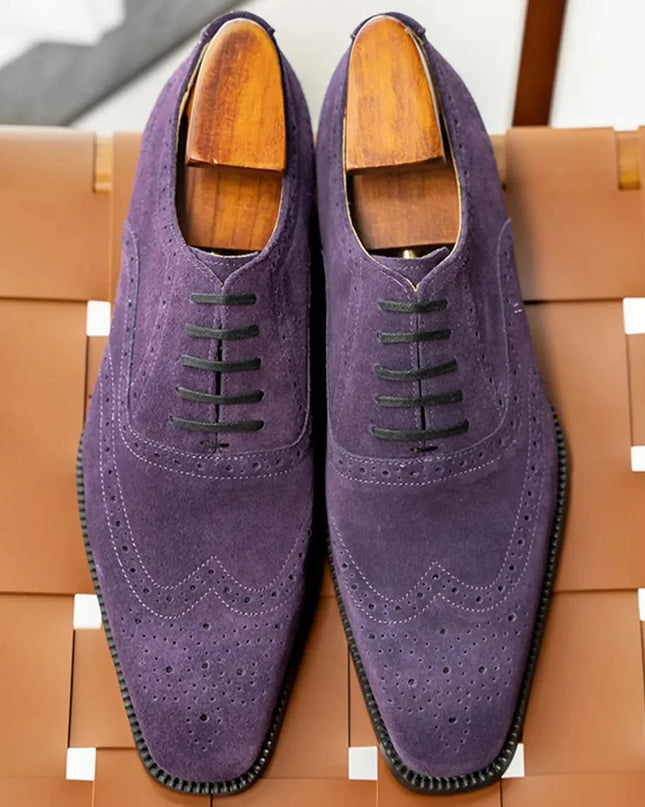 Handmade Men Wing Tip Purple Brogue Suede Lace Up Business Shoes, Office Shoes