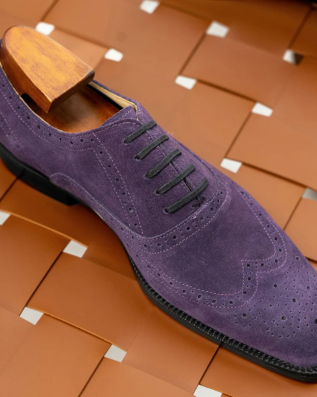 Handmade Men Wing Tip Purple Brogue Suede Lace Up Business Shoes, Office Shoes