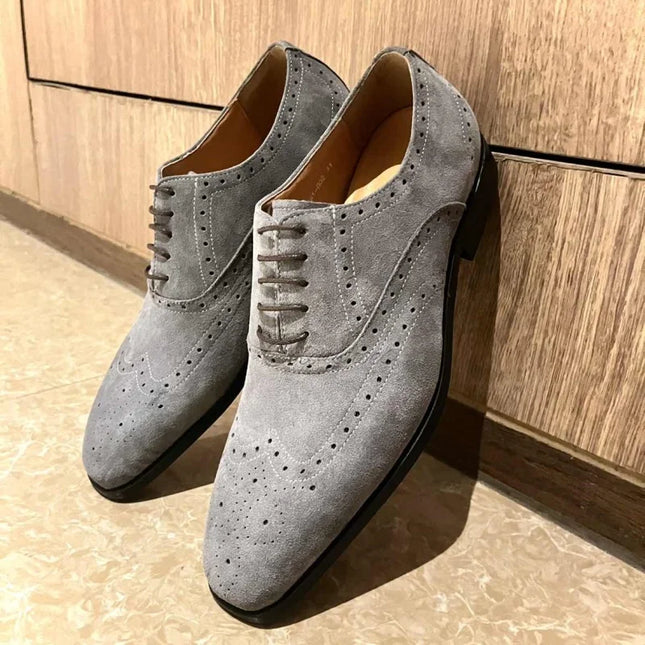 Handmade Men Wing Tip Dark Gray Brogue Suede Lace Up Dress Shoes, Office Shoes