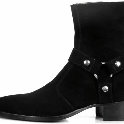 Handmade Men Black Suede Leather Vincent Harness Zip Boots with Cuban Heel