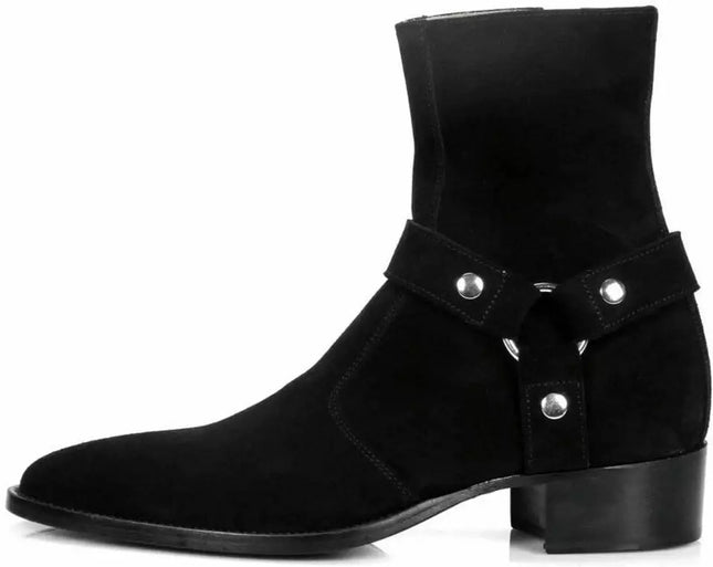 Handmade Men Black Suede Leather Vincent Harness Zip Boots with Cuban Heel