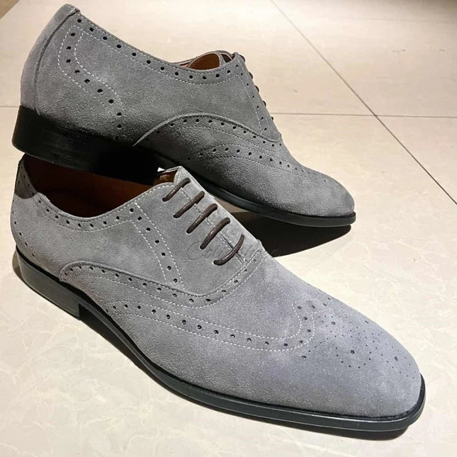 Handmade Men Wing Tip Dark Gray Brogue Suede Lace Up Dress Shoes, Office Shoes