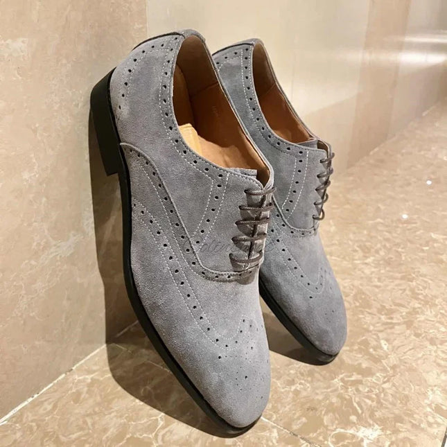Handmade Men Wing Tip Dark Gray Brogue Suede Lace Up Dress Shoes, Office Shoes