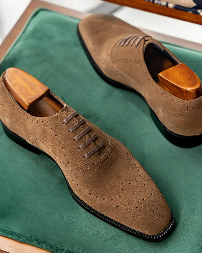 Handmade Men Wing Tip Brown Brogue Suede Lace Up Dress Shoes, Office Shoes