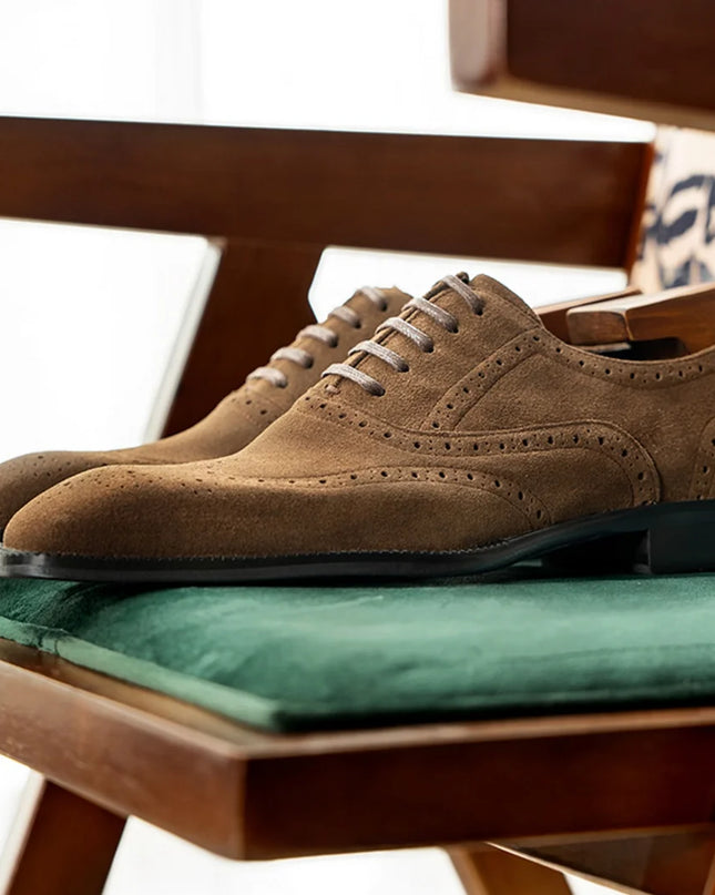 Handmade Men Wing Tip Brown Brogue Suede Lace Up Dress Shoes, Office Shoes