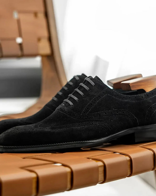 Handmade Men Wing Tip Black Brogue Suede Lace Up Dress Shoes, Office Shoes