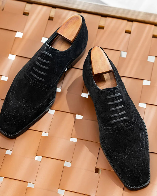 Handmade Men Wing Tip Black Brogue Suede Lace Up Dress Shoes, Office Shoes