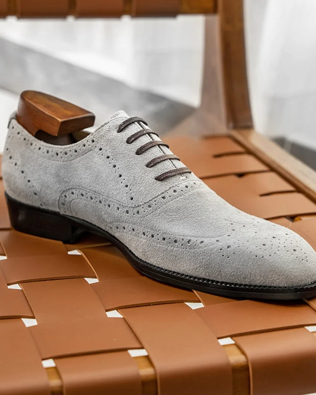 Handmade Men Wing Tip Light Gray Brogue Suede Lace Up Dress Shoes, Office Shoes