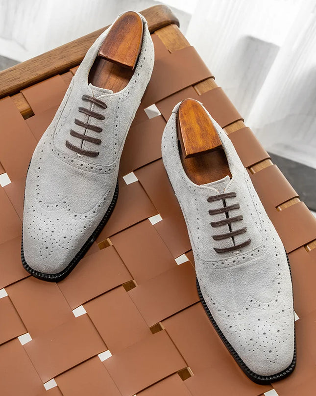 Handmade Men Wing Tip Light Gray Brogue Suede Lace Up Dress Shoes, Office Shoes