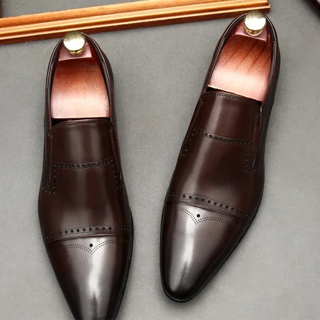 Handmade Men Brown Leather Brogue Moccasins Dress Shoes, Office Slip Ons Shoes