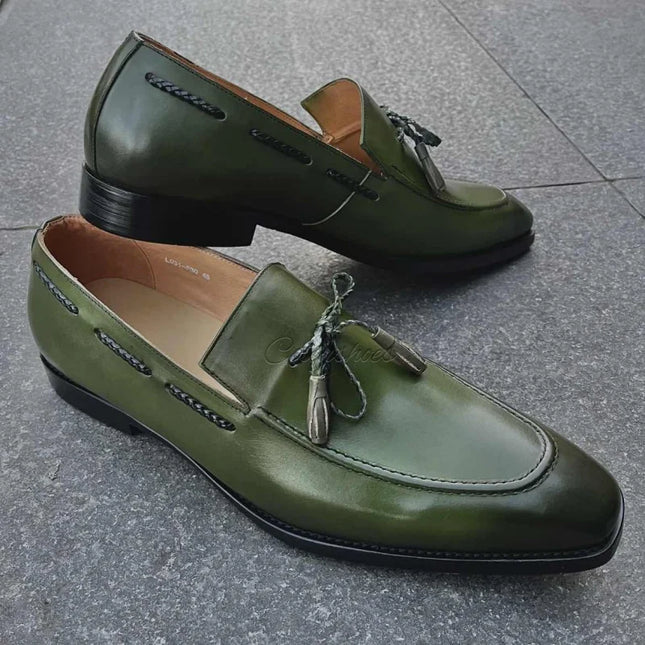 Handmade Men Green Leather Tassels Moccasins Dress Shoes, Office Slip Ons Shoes