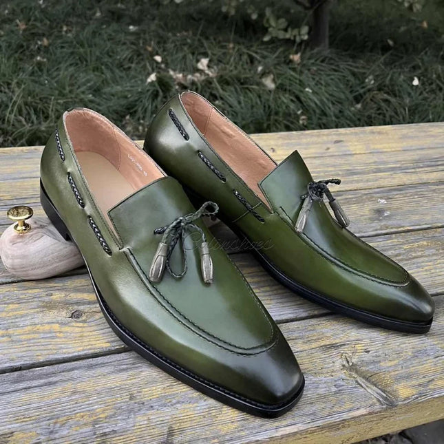 Handmade Men Green Leather Tassels Moccasins Dress Shoes, Office Slip Ons Shoes