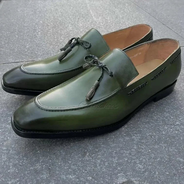 Handmade Men Green Leather Tassels Moccasins Dress Shoes, Office Slip Ons Shoes