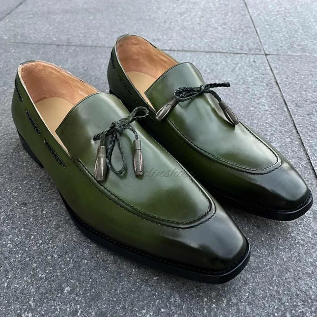 Handmade Men Green Leather Tassels Moccasins Dress Shoes, Office Slip Ons Shoes