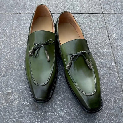 Handmade Men Green Leather Tassels Moccasins Dress Shoes, Office Slip Ons Shoes