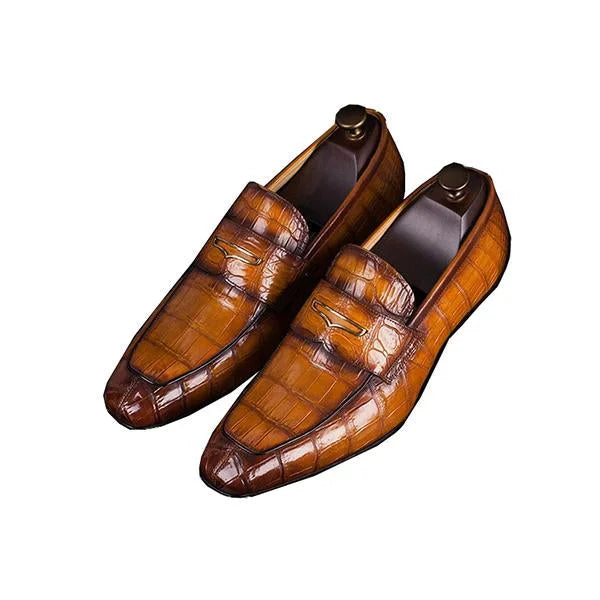 Handmade Men Shaded Tan Alligator Leather Loafers Dress Shoes, Office Slip Ons Shoes