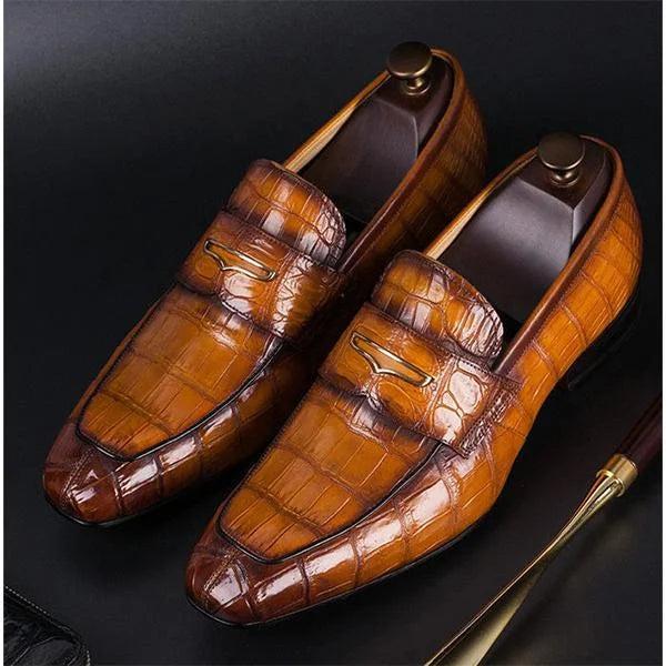 Handmade Men Shaded Tan Alligator Leather Loafers Dress Shoes, Office Slip Ons Shoes