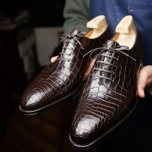 Handmade Dark Brown Men Crocodile Leather Lace Up Dress Shoes, Office Shoes