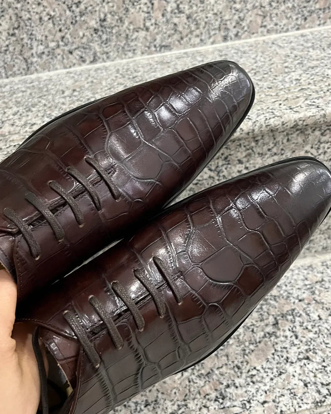 Handmade Dark Brown Men Crocodile Leather Lace Up Dress Shoes, Office Shoes