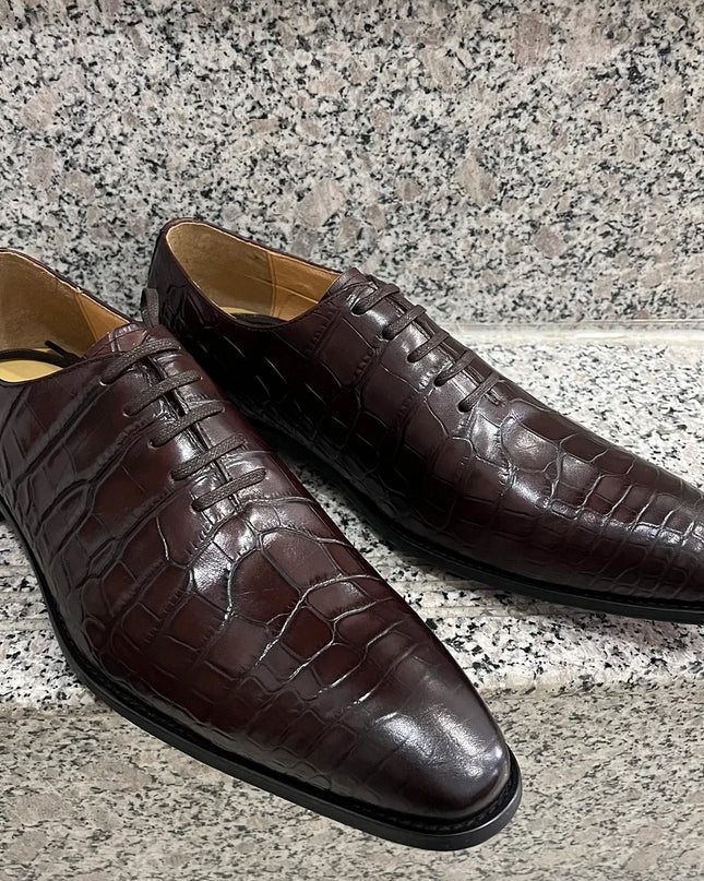 Handmade Dark Brown Men Crocodile Leather Lace Up Dress Shoes, Office Shoes