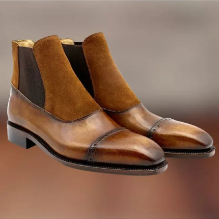 Handmade Men Tan Brown Leather and Suede Ankle Boots, Business Boots