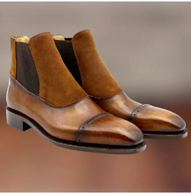 Handmade Men Tan Brown Leather and Suede Ankle Boots, Business Boots