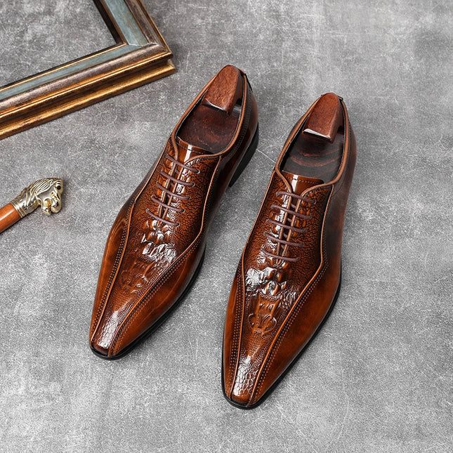 Handmade Men Shaded Brown Crocodile Leather Stylish Lace Up Dress Shoes