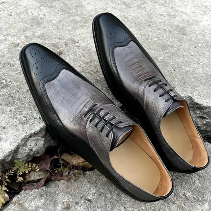 Handmade Men Two Tone Crocodile Leather Wing Tip Brogue, Lace Up Dress Shoes