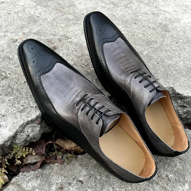 Handmade Men Two Tone Crocodile Leather Wing Tip Brogue, Lace Up Dress Shoes