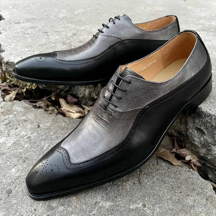 Handmade Men Two Tone Crocodile Leather Wing Tip Brogue, Lace Up Dress Shoes