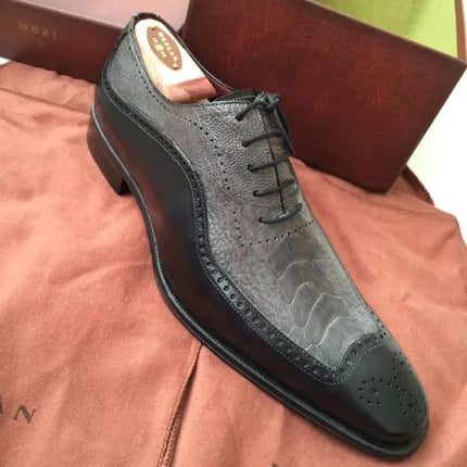 Handmade Men Two Tone Crocodile Leather Wing Tip Brogue, Lace Up Dress Shoes