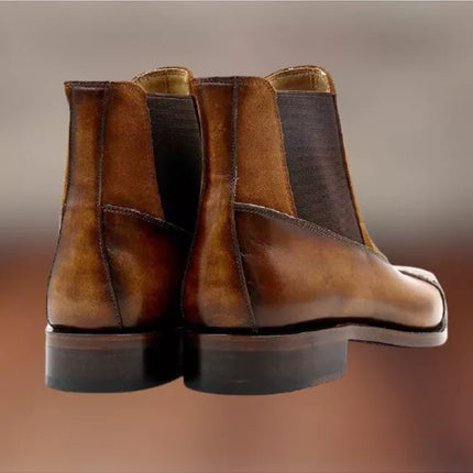 Handmade Men Tan Brown Leather and Suede Ankle Boots, Business Boots