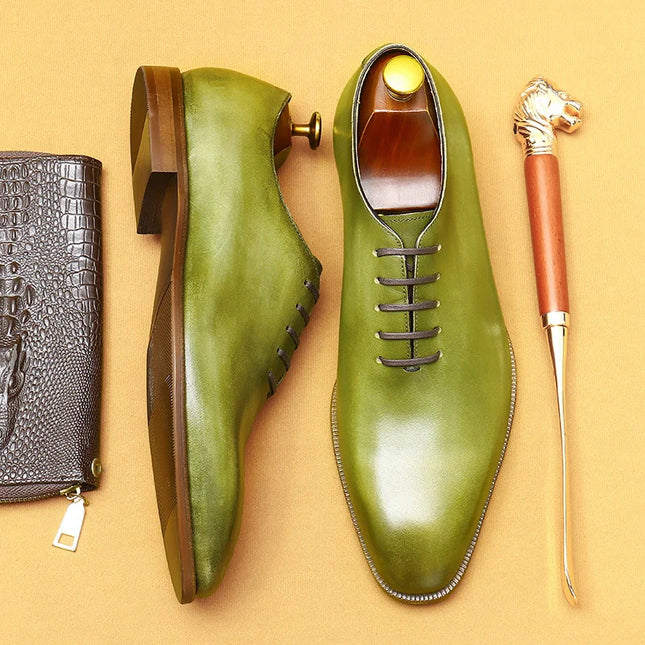 Handmade Men Olive Green Leather Stylish Lace Up Dress Shoes, Formal Party Wear