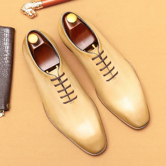 Handmade Men Beige Leather Stylish Lace Up Dress Shoes, Formal Party Wear Shoes