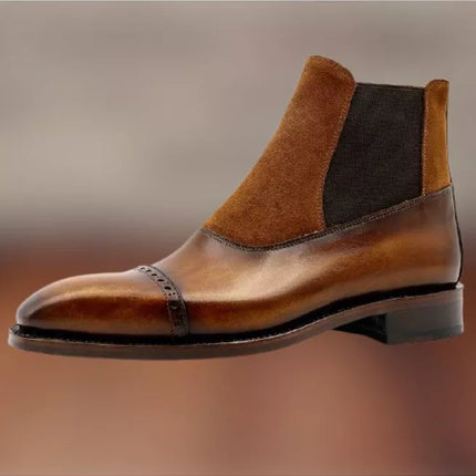 Handmade Men Tan Brown Leather and Suede Ankle Boots, Business Boots